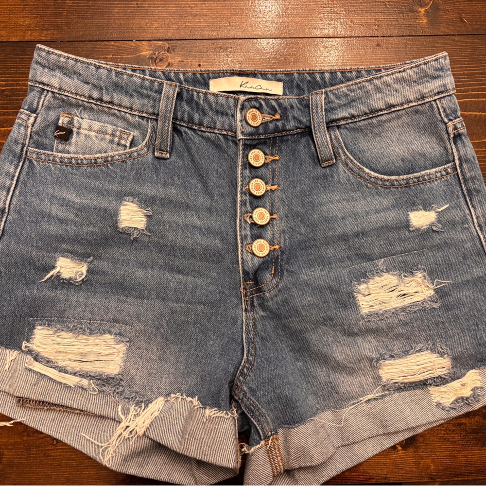 KanCan Distressed High-Rise Blue Jean Shorts